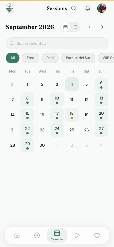Calendario mensual con las sesiones marcadas